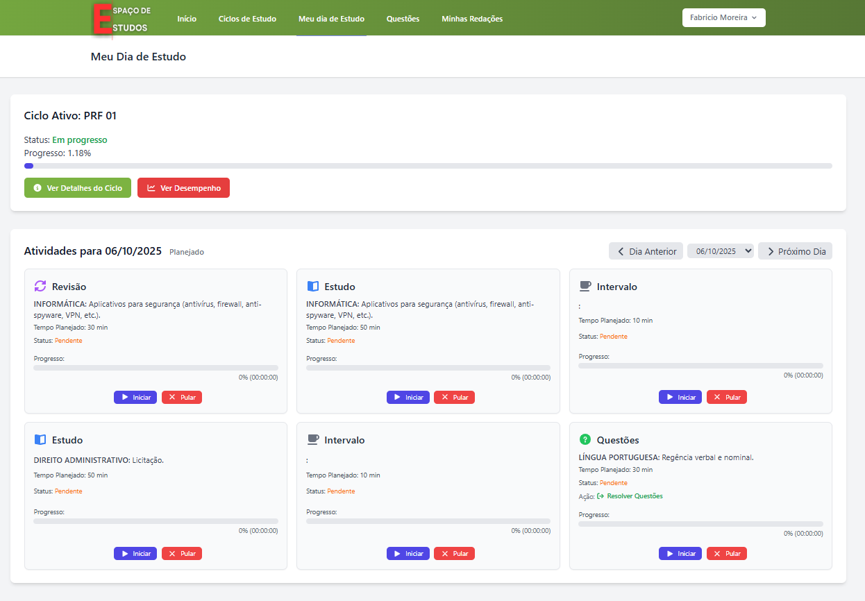 Tela do Ciclo de Estudos Inteligente com agenda diária