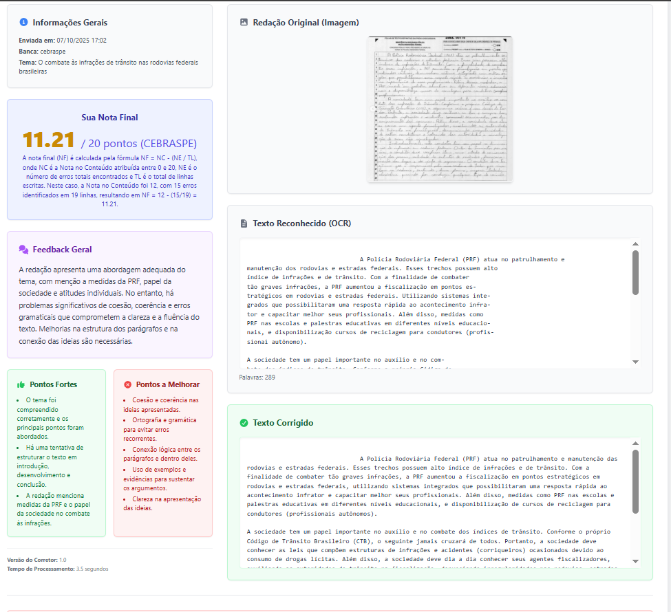 Interface de correção de redação com feedback detalhado por IA