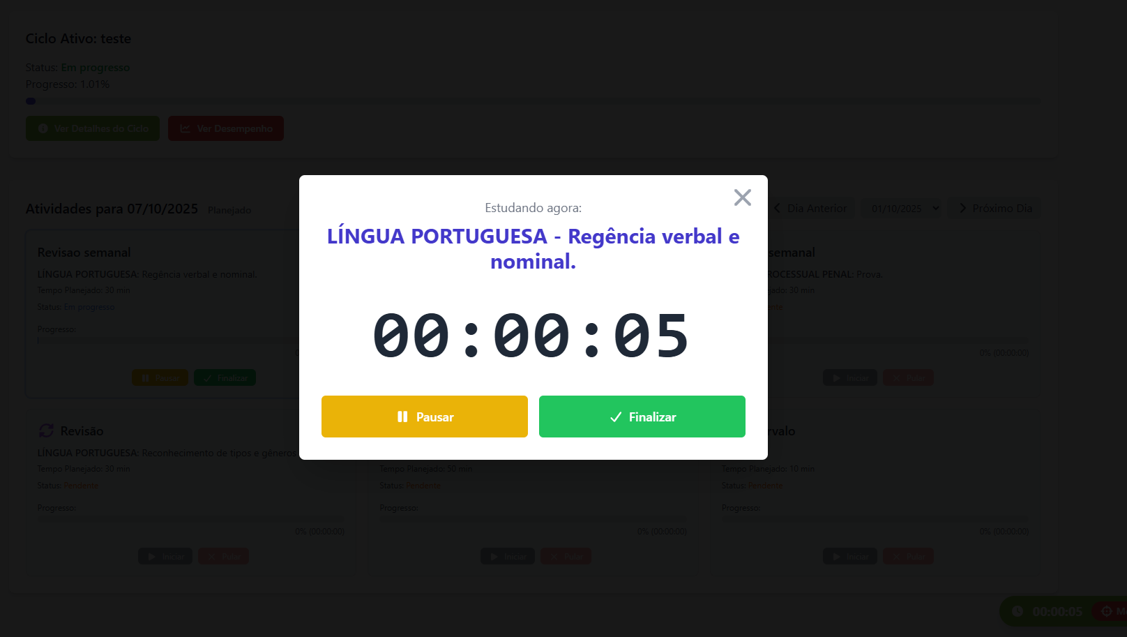 Interface do Modo Foco com uma questão e cronômetro